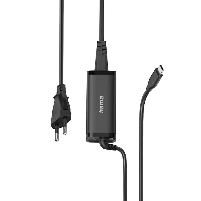 Hama Ladegerät 00200023 GaN Power Delivery - PD - Schwarzes Hama Ladegerät mit EU-Stecker und USB-C-Kabel.