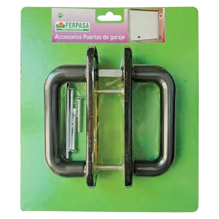 Conjunto de picaporte con bocallave - Acero - Juego de manillas para puerta de garaje Ferpasa que incluye dos manillas, tornillos y un manual de instalación en un embalaje verde.