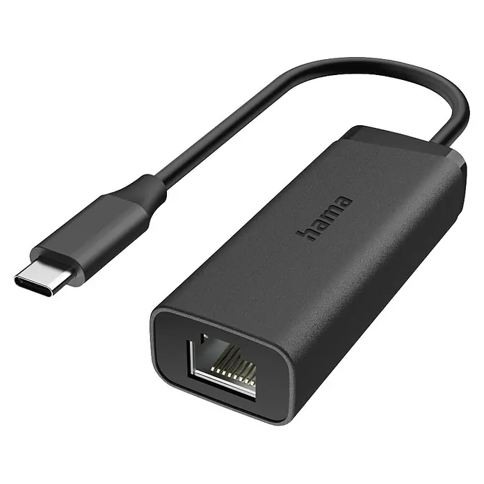 Hama Netzkabel USB 2.0 1x USB-C - 1x RJ45-Buchse - Schwarz - Schwarzer USB-C-auf-Ethernet-Adapter mit USB-C-Stecker und RJ45-Anschluss.