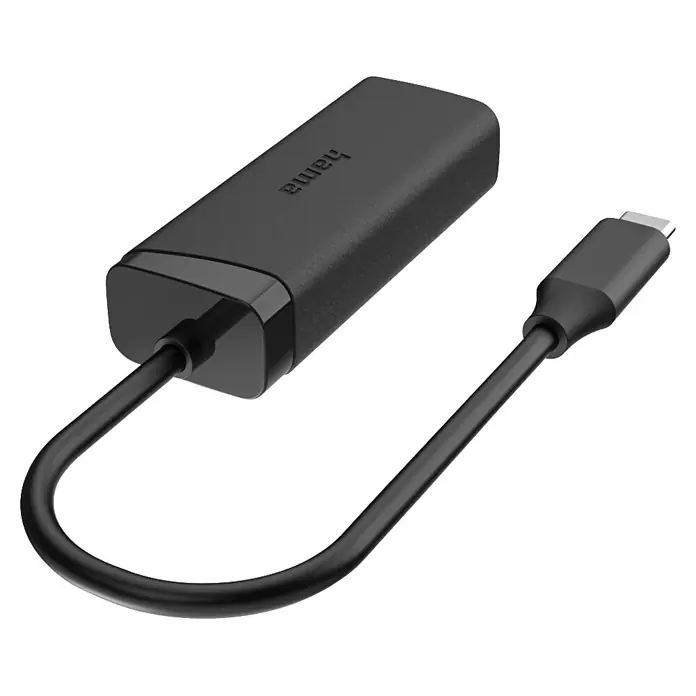 Hama Netzkabel USB 2.0 1x USB-C - 1x RJ45-Buchse - Schwarz - Schwarzer Hama Adapter mit mattem, rechteckigem Gehäuse und kurzem Kabel mit USB-C-Stecker.
