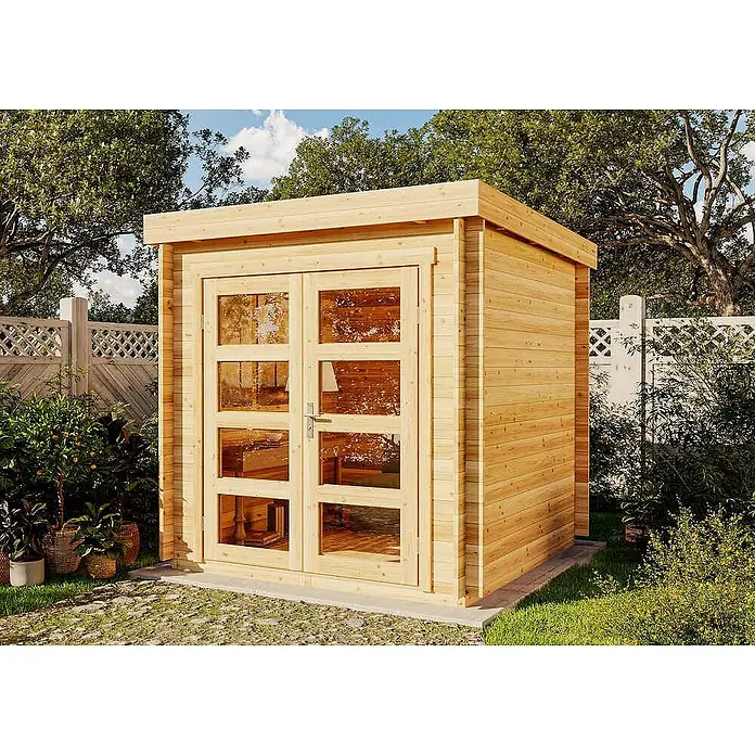 Alpholz Gartenhaus ECO Set Paloma Petit - Außenmaß inkl. Dachüberstand (B x T): 230 x 230 cm, Holz, Naturbelassen - Gartenhaus aus Naturholz mit breiten Glastüren in einem sonnigen Garten.