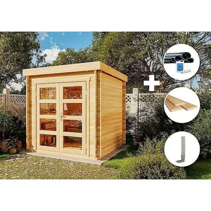 Alpholz Gartenhaus ECO Set Paloma Petit - Außenmaß inkl. Dachüberstand (B x T): 230 x 230 cm, Holz, Naturbelassen - Heller Holz-Gartenschuppen mit Glastüren, gezeigt mit Drainagerohren, Dichtmittel, Holzbrettern und einer Metallhalterung.