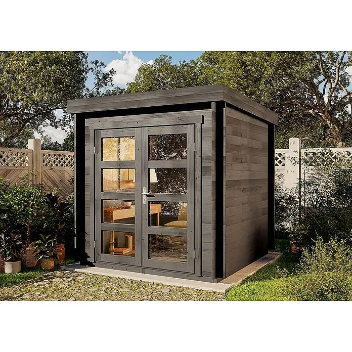 Alpholz Gartenhaus ECO Set Paloma Petit grau - Außenmaß inkl. Dachüberstand (B x T): 230 x 230 cm, Holz, Grau - Modernes dunkelgraues Gartenhaus aus Holz mit doppelt verglasten Türen, als Büro genutzt.