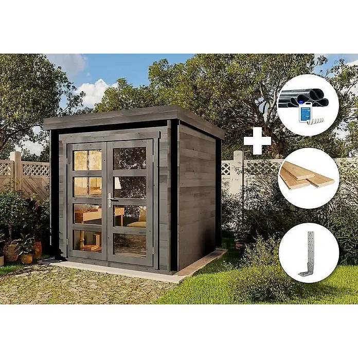 Alpholz Gartenhaus ECO Set Paloma Petit grau - Außenmaß inkl. Dachüberstand (B x T): 230 x 230 cm, Holz, Grau - Dunkles Gartenhaus aus Holz mit Glastüren, in einem Garten gezeigt. Baumaterialien wie Holz, Rohre und Winkel sind ebenfalls abgebildet.