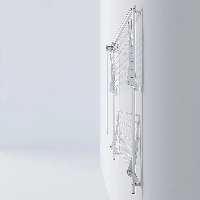 Foxydry Wandwäschetrockner Wall Plus 100 Weiß - 108 cm, Farbe: Weiß - Faltbarer, wandmontierter Wäscheständer aus weiß/silbernem Metall mit mehreren Stangen und Seilzug.