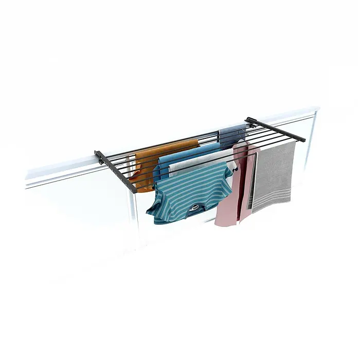 Foxydry Wandwäschetrockner Duo 120 Anthrazit - 118 cm, Farbe: Anthrazitschwarz - Schwarzer Balkon-Wäschetrockner mit bunter Wäsche an seinen Stangen.
