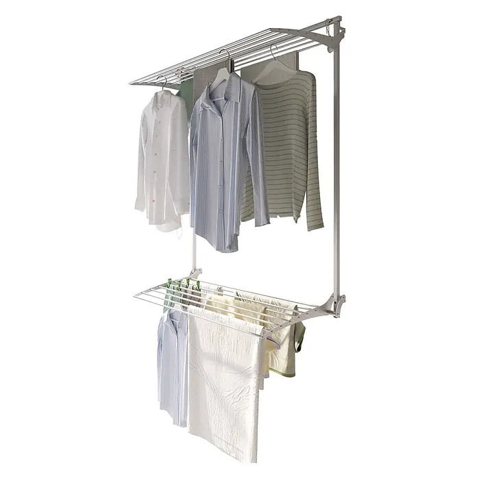 Foxydry Wandwäschetrockner Wall Plus 100 Grau - 108 cm, Farbe: Stahlgrau - Zweistufiger, wandmontierter Wäscheständer aus silbernem Metall mit Hemden und Handtüchern.