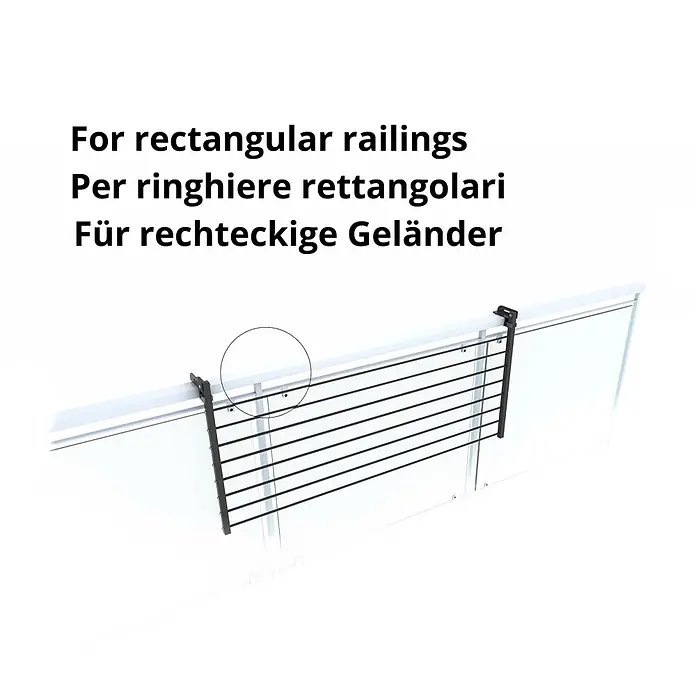 Foxydry Wandwäschetrockner Duo 120 Anthrazit - 118 cm, Farbe: Anthrazitschwarz - Dunkler Wäschetrockner mit Stangen, für rechteckige Geländer konzipiert, an einem weißen Balkongeländer montiert.