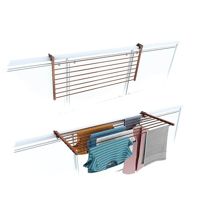 Foxydry Wandwäschetrockner Duo 120 Corten - 118 cm, Farbe: Corten-Optik - Bronzefarbener Wäscheständer für Balkone, leer und mit Wäsche beladen gezeigt.