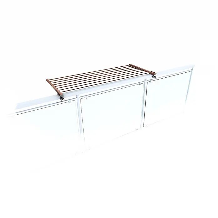 Foxydry Wandwäschetrockner Duo 120 Corten - 118 cm, Farbe: Corten-Optik - Brauner Wäschetrockner mit Holzlamellen auf weißem Geländer.