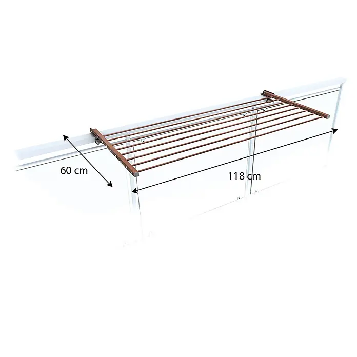 Foxydry Wandwäschetrockner Duo 120 Corten - 118 cm, Farbe: Corten-Optik - Ausziehbarer Wäschetrockner mit braunen Stangen und weißen Halterungen, 118 cm breit und 60 cm tief, ideal für Balkone oder kleine Räume.