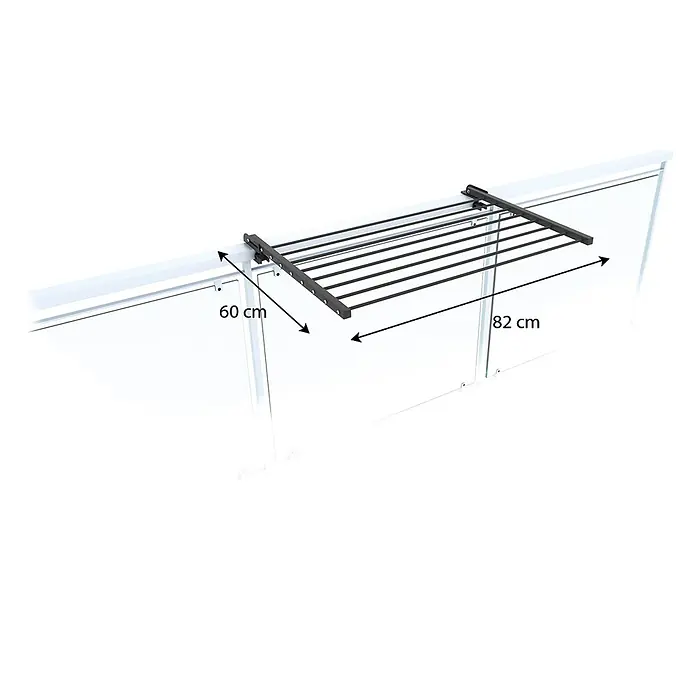 Foxydry Wandwäschetrockner Duo 80 Anthrazit - 82 cm, Farbe: Anthrazitschwarz - Schwarzer Wäscheständer aus Metall, 82 cm lang und 60 cm tief am Balkongeländer montiert.