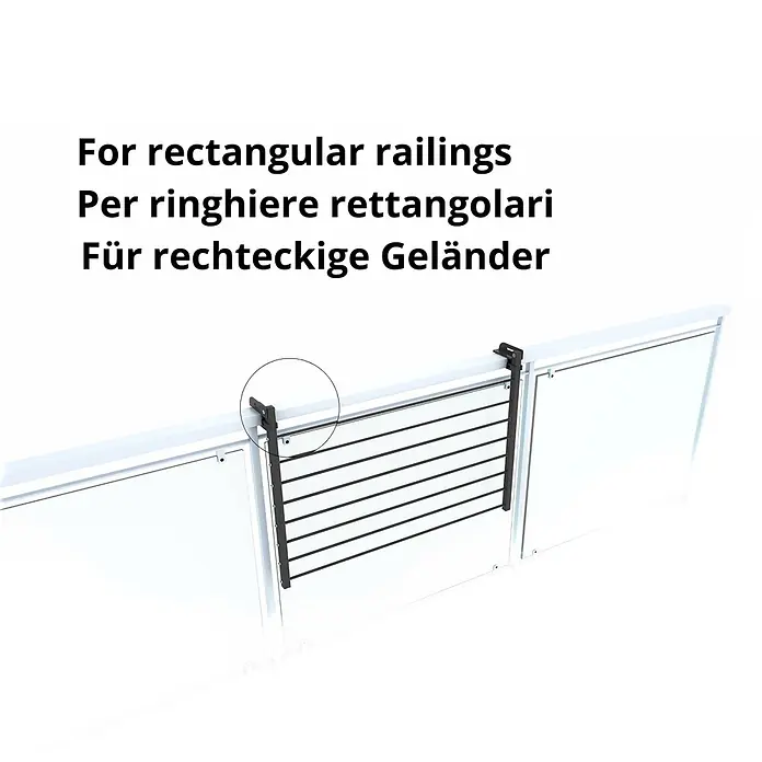 Foxydry Wandwäschetrockner Duo 60 Anthrazit - 62 cm, Farbe: Anthrazitschwarz - Dunkler Wäschetrockner aus Metall an einem weißen rechteckigen Balkongeländer, mit mehreren horizontalen Stäben.