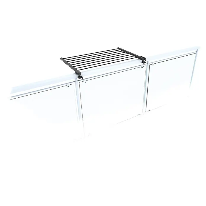 Foxydry Wandwäschetrockner Duo 80 Anthrazit - 82 cm, Farbe: Anthrazitschwarz - Schwarzer Wäscheständer aus Metall, montiert auf weiß gerahmten Glasabtrennungen.