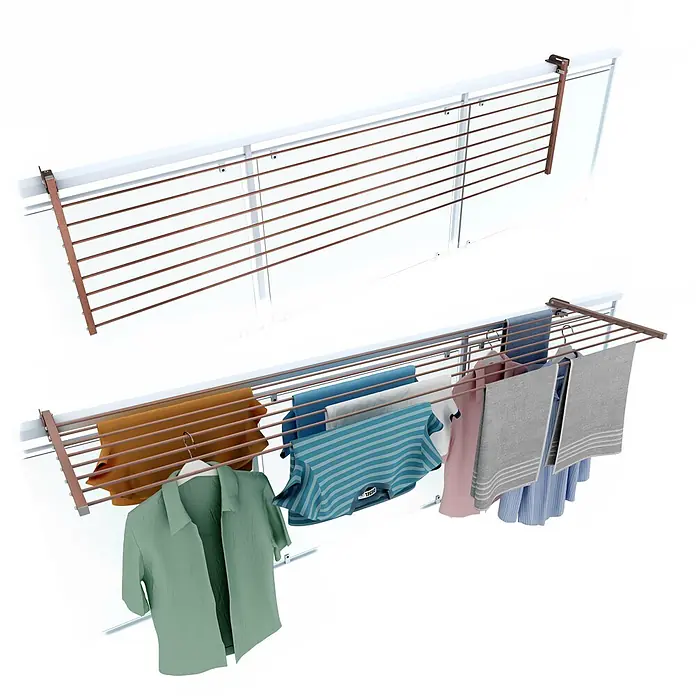Foxydry Wandwäschetrockner Duo 200 Corten - 202 cm, Farbe: Corten-Optik - Wandmontierter Wäschetrockner mit weißem Rahmen und braunen Stangen, leer und mit Kleidung und Handtüchern.