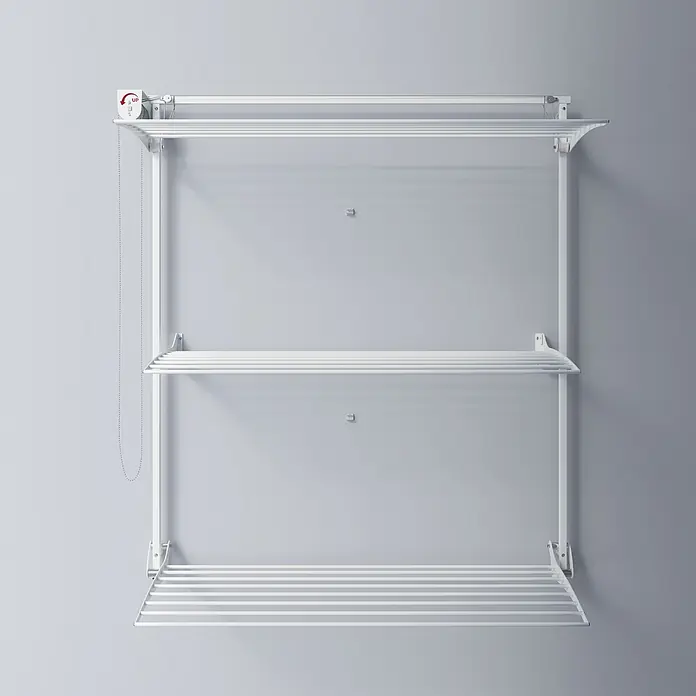 Foxydry Wandwäschetrockner Tower 120 Weiß - 128 cm, Farbe: Weiß - Weißer Wand-Wäschetrockner mit drei klappbaren Ebenen und Kettenzug.