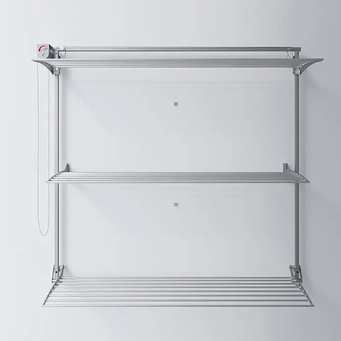 Foxydry Wandwäschetrockner Tower 150 Grau - 150 cm, Farbe: Stahlgrau - Silbergrauer wandmontierter Wäscheständer mit zwei klappbaren Ebenen und Seilzugsystem.