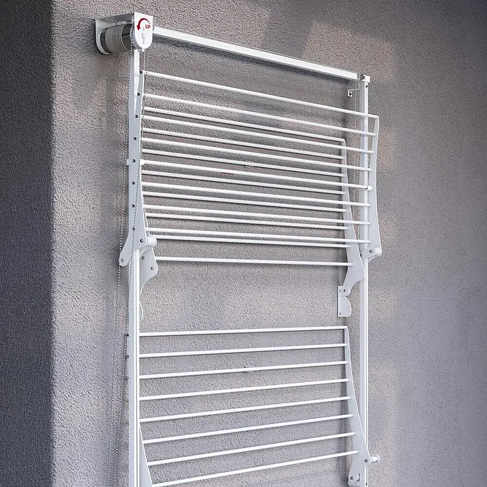 Foxydry Wandwäschetrockner Tower 150 Weiß - 150 cm, Farbe: Weiß - Weißer wandmontierter Wäscheständer, teilweise ausgezogen, mit 'UP'-Einstellung.