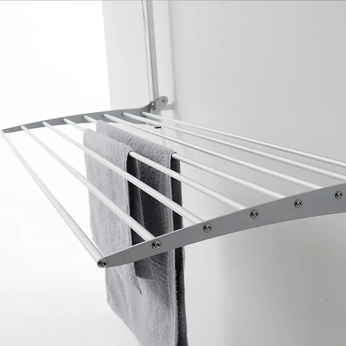 Foxydry Wandwäschetrockner Wall 80 Grau - 88 cm, Farbe: Stahlgrau - Zusammenklappbarer, grau-weißer Wand-Wäscheständer aus Metall mit zwei grauen Handtüchern.