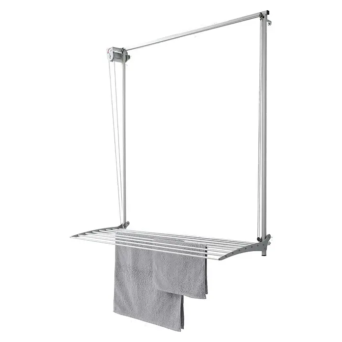 Foxydry Wandwäschetrockner Wall 80 Grau - 88 cm, Farbe: Stahlgrau - Silberner, ausziehbarer Wäschetrockner mit mehreren Stangen, an dem zwei graue Handtücher hängen.