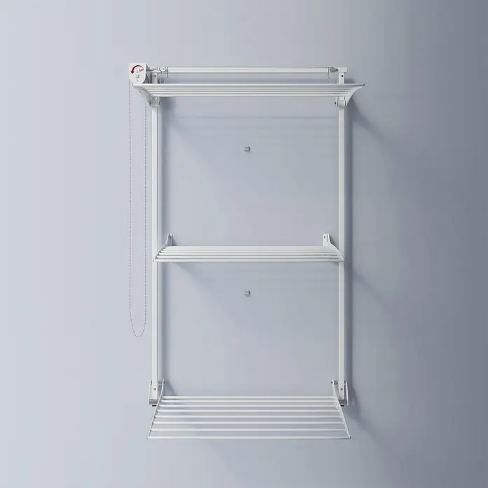 Foxydry Wandwäschetrockner Tower 80 Weiß - 88 cm, Farbe: Weiß - Weißer wandmontierter klappbarer Wäscheständer mit mehreren Ebenen und Zugkette.