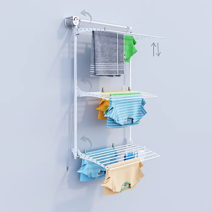 Foxydry Wandwäschetrockner Tower 80 Weiß - 88 cm, Farbe: Weiß - Weißer wandmontierter Wäscheständer mit drei verstellbaren Ebenen, der bunte Kleidung und Handtücher hält.