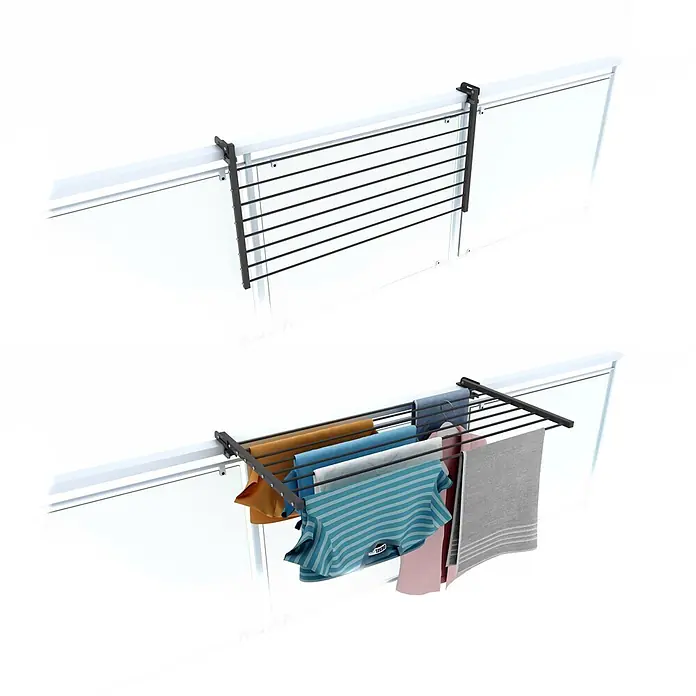 Foxydry Wandwäschetrockner Duo 100 Anthrazit - 102 cm, Farbe: Anthrazitschwarz - Dunkelgrauer Balkon-Wäscheständer, leer und mit Kleidung gezeigt, zur Befestigung am Geländer.