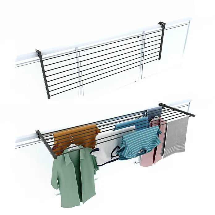 Foxydry Wandwäschetrockner Duo 160 Anthrazit - 162 cm, Farbe: Anthrazitschwarz - Verstellbarer Balkon-Wäscheständer aus dunkelgrauem Metall, leer und mit verschiedenen Kleidungsstücken zum Trocknen.