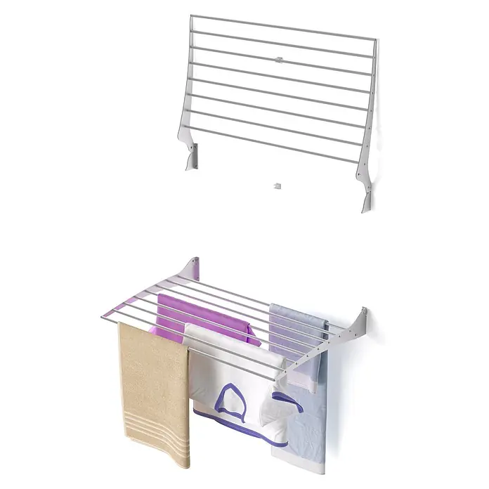 Foxydry Wandwäschetrockner Fold 80 Grau - 82 cm, Farbe: Stahlgrau - Wandmontierter silberner klappbarer Wäscheständer, ausgeklappt mit verschiedenen Wäschestücken.