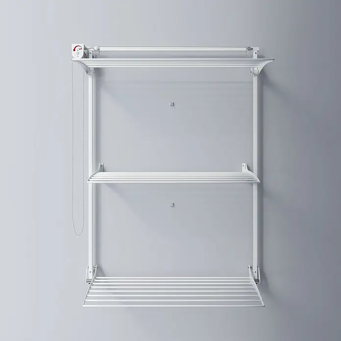 Foxydry Wandwäschetrockner Tower 100 Weiß - 108 cm, Farbe: Weiß - Weißer Wandwäscheständer aus Metall mit drei Ebenen und Zugkettenmechanismus.