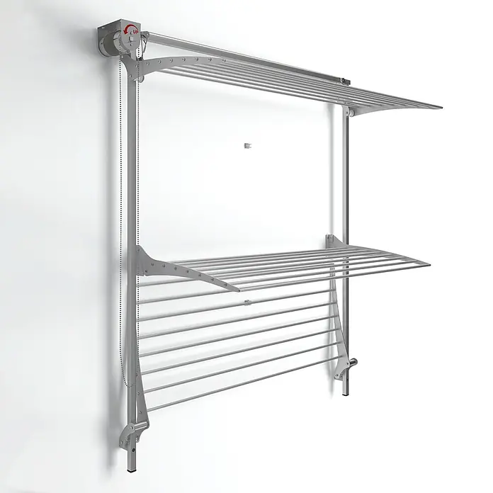 Foxydry Wandwäschetrockner Tower 80 Grau - 88 cm, Farbe: Stahlgrau - Wandmontierter, mehrstufiger Wäscheständer aus silbernem Metall, höhenverstellbar mit Kettenzug.