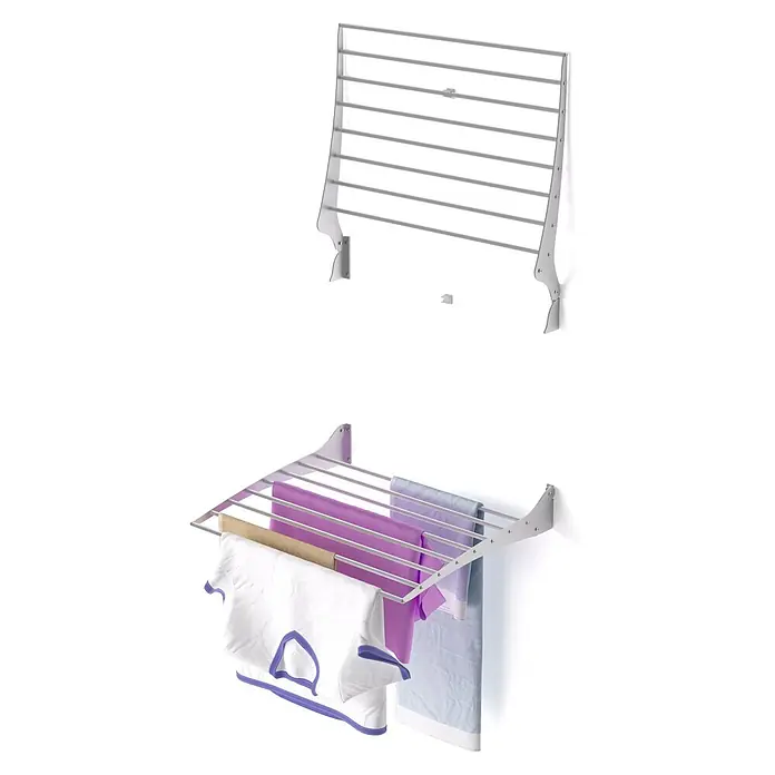 Foxydry Wandwäschetrockner Fold 60 Grau - 62 cm, Farbe: Stahlgrau - Silberner Wandwäscheständer, zusammengeklappt und ausgefahren mit Kleidung.