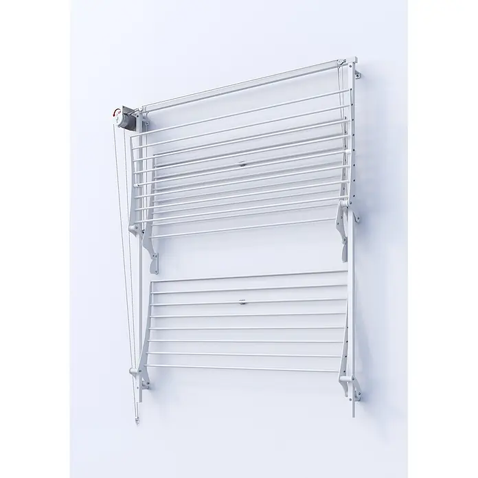 Foxydry Wandwäschetrockner Tower 80 Grau - 88 cm, Farbe: Stahlgrau - Weißer, wandmontierter Wäschetrockner mit mehreren Stangen und verstellbarem Seilzugsystem.