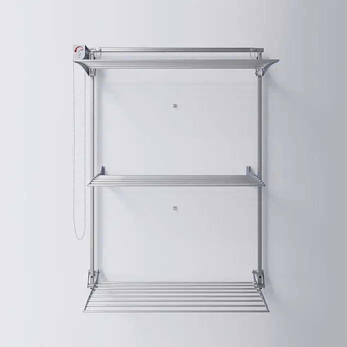 Foxydry Wandwäschetrockner Tower 100 Grau - 108 cm, Farbe: Stahlgrau - Silbernes, wandmontiertes, mehrstufiges Wäschegestell aus Metall mit verstellbarer Zugkettenmechanik.
