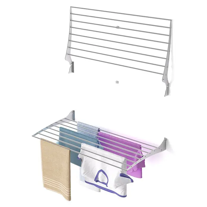 Foxydry Wandwäschetrockner Fold 100 Grau - 102 cm, Farbe: Stahlgrau - Wandmontierter silberner Metall-Wäscheständer, leer und mit Kleidung gezeigt.