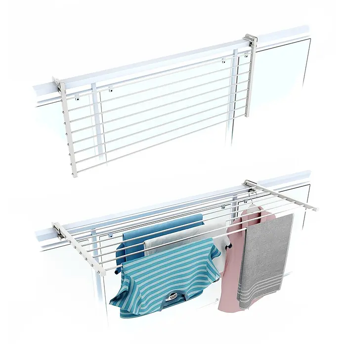 Foxydry Wandwäschetrockner Duo 100 Weiß - 102 cm, Farbe: Weiß - Weißer Metall-Wäscheständer für den Balkon, leer und mit bunter Wäsche, zum Aufhängen am Geländer.
