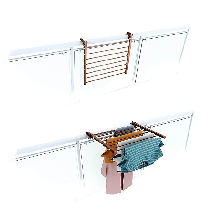 Foxydry Wandwäschetrockner Duo 60 Corten - 62 cm, Farbe: Corten-Optik - Brauner Metall-Geländer-Wäscheständer, leer und mit Kleidung gezeigt.