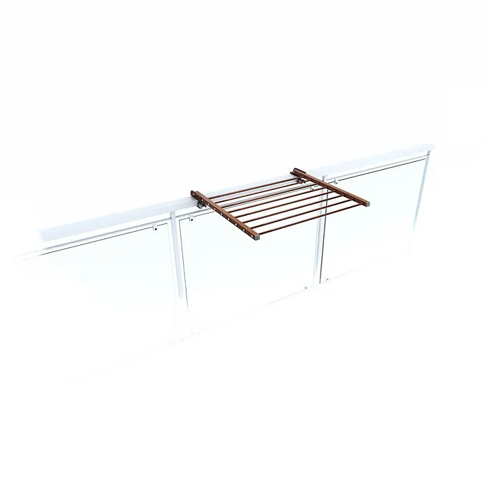 Foxydry Wandwäschetrockner Duo 60 Corten - 62 cm, Farbe: Corten-Optik - Brauner Wäscheständer an einer weißen Balkonbrüstung montiert.
