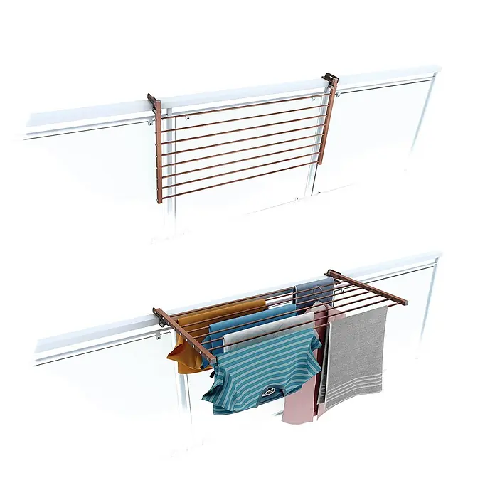 Foxydry Wandwäschetrockner Duo 100 Corten - 102 cm, Farbe: Corten-Optik - Kupferfarbener, montierbarer Wäscheständer mit parallelen Stangen an weißem Rahmen, leer und mit Kleidung.