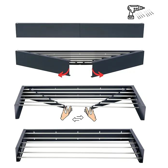 Foxydry Wandwäschetrockner Hide 100 Anthrazit - 101 cm, Farbe: Anthrazitschwarz - Montagesequenz eines dunkelgrauen, wandmontierten, ausziehbaren Wäscheständers mit weißen Stangen.