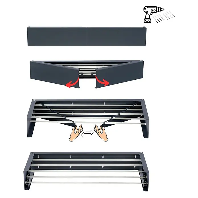 Foxydry Wandwäschetrockner Hide 70 Anthrazit - 71 cm, Farbe: Anthrazitschwarz - Dunkelgrauer wandmontierter Klapp-Wäscheständer im Aufbau. Zeigt ausziehbare Stangen und Montagezubehör.