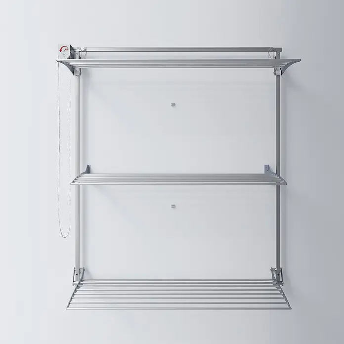 Foxydry Wandwäschetrockner Tower 120 Grau - 128 cm, Farbe: Stahlgrau - Silberner wandmontierter Wäscheständer mit drei Ebenen und verstellbarem Mechanismus.