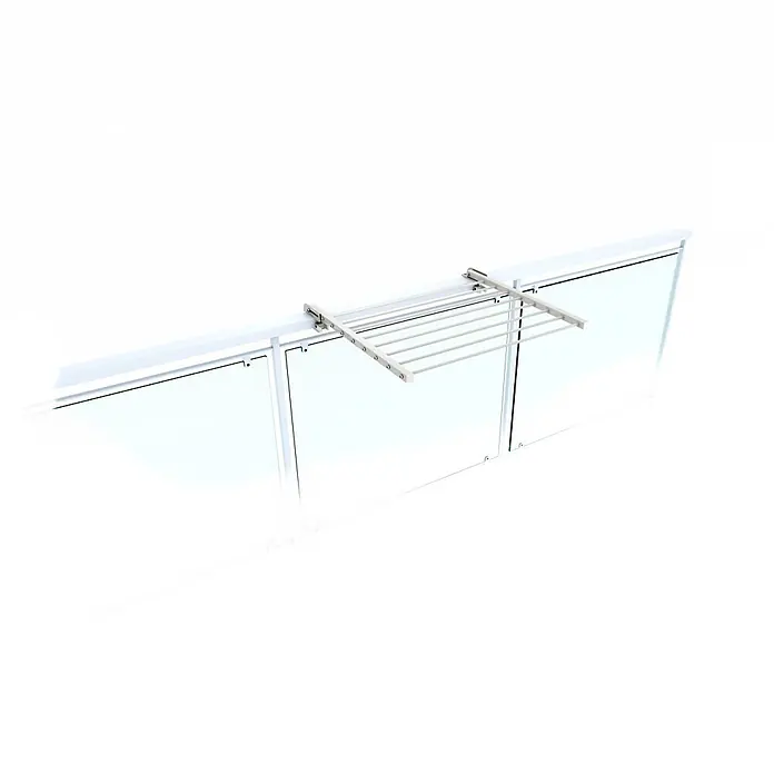Foxydry Wandwäschetrockner Duo 60 Weiß - 62 cm, Farbe: Weiß - Wäscheständer aus silbernem Metall, an einer Glasbalkonbrüstung montiert.