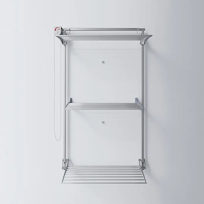 Foxydry Wandwäschetrockner Tower 80 Grau - 88 cm, Farbe: Stahlgrau - Wandmontierter silberner Metall-Wäschetrockner mit drei verstellbaren Ebenen und Zugkettenmechanismus.