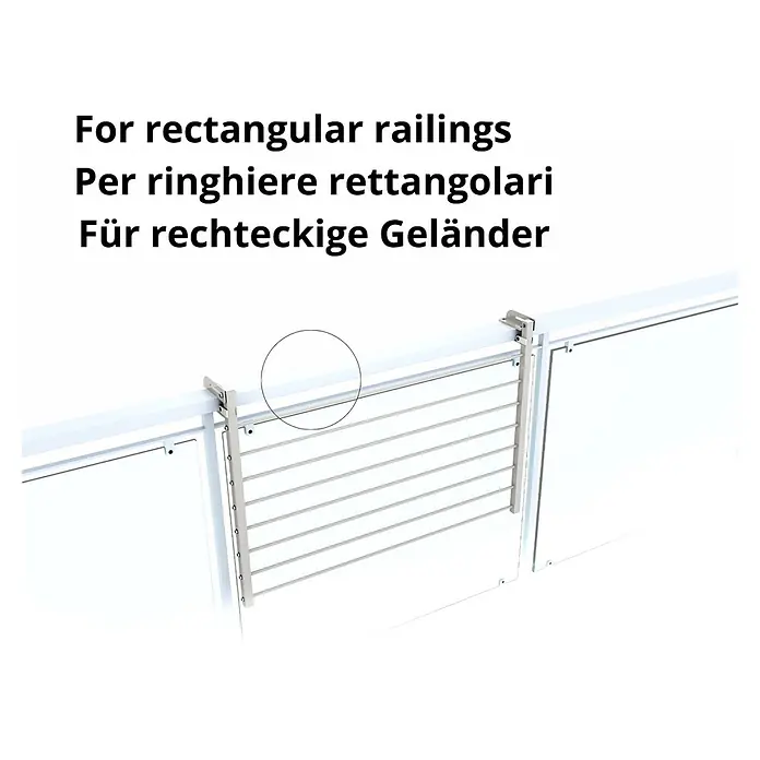 Foxydry Wandwäschetrockner Duo 60 Weiß - 62 cm, Farbe: Weiß - Silberfarbener Wäscheständer für rechteckige Geländer, an einem weißen Geländer montiert.