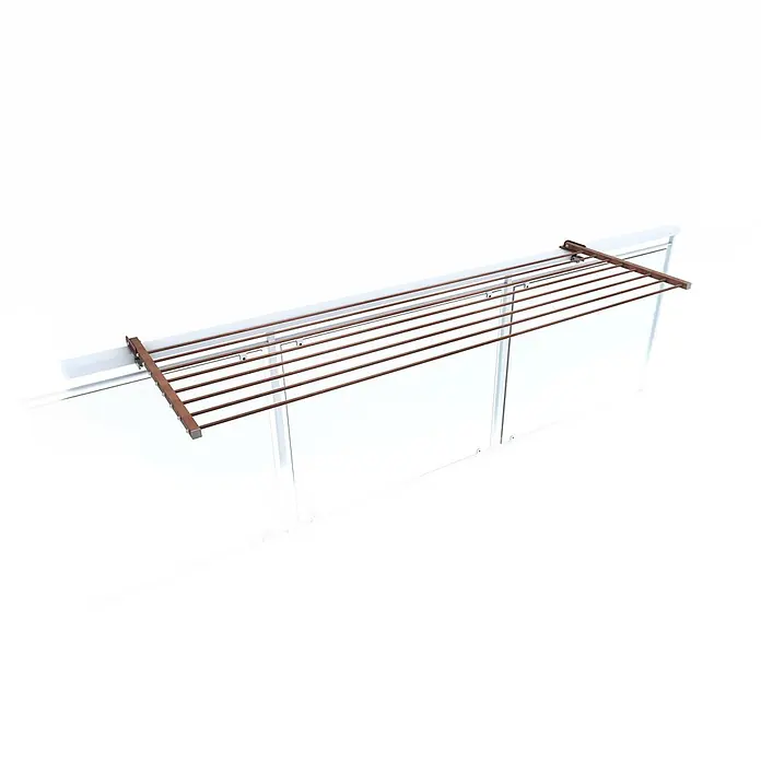 Foxydry Wandwäschetrockner Duo 160 Corten - 162 cm, Farbe: Corten-Optik - Brauner mehrstängiger Wäscheständer an weißem Balkongeländer über Glaspaneelen montiert.