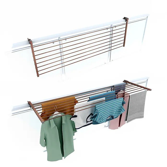 Foxydry Wandwäschetrockner Duo 160 Corten - 162 cm, Farbe: Corten-Optik - Brauner Wäscheständer aus Metall an einem Geländer montiert, leer und mit Kleidung gezeigt.