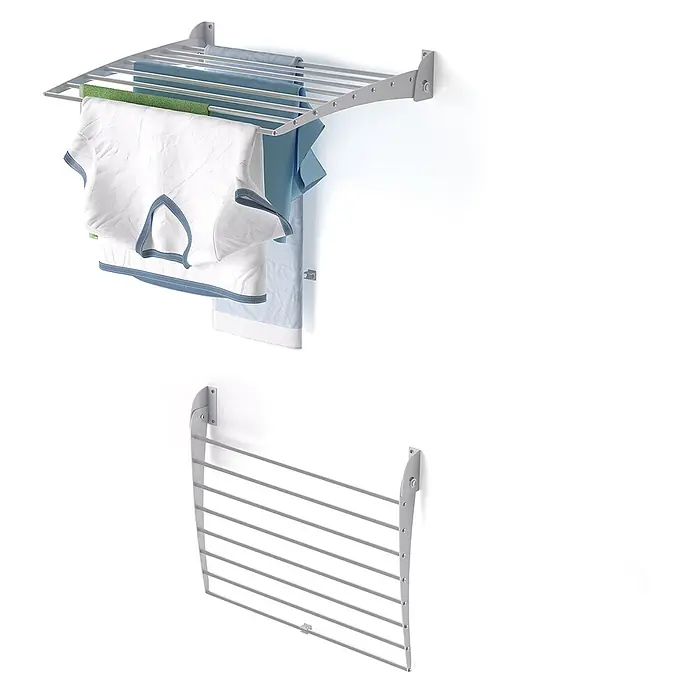 Foxydry Wandwäschetrockner Down 60 Grau - 62 cm, Farbe: Stahlgrau - Silberner Wand-Wäscheständer, ausgeklappt mit Wäsche und kompakt zusammengefaltet.