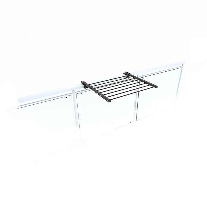 Foxydry Wandwäschetrockner Duo 60 Anthrazit - 62 cm, Farbe: Anthrazitschwarz - Schwarzer Metall-Wäscheständer an weißem Balkongeländer befestigt.