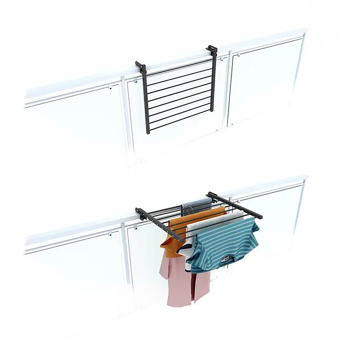 Foxydry Wandwäschetrockner Duo 60 Anthrazit - 62 cm, Farbe: Anthrazitschwarz - Wäschetrockner aus schwarzem Metall für Balkon, leer und mit Kleidung gezeigt.